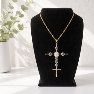 Gold and Blue Lapis Cross Pendant Necklace